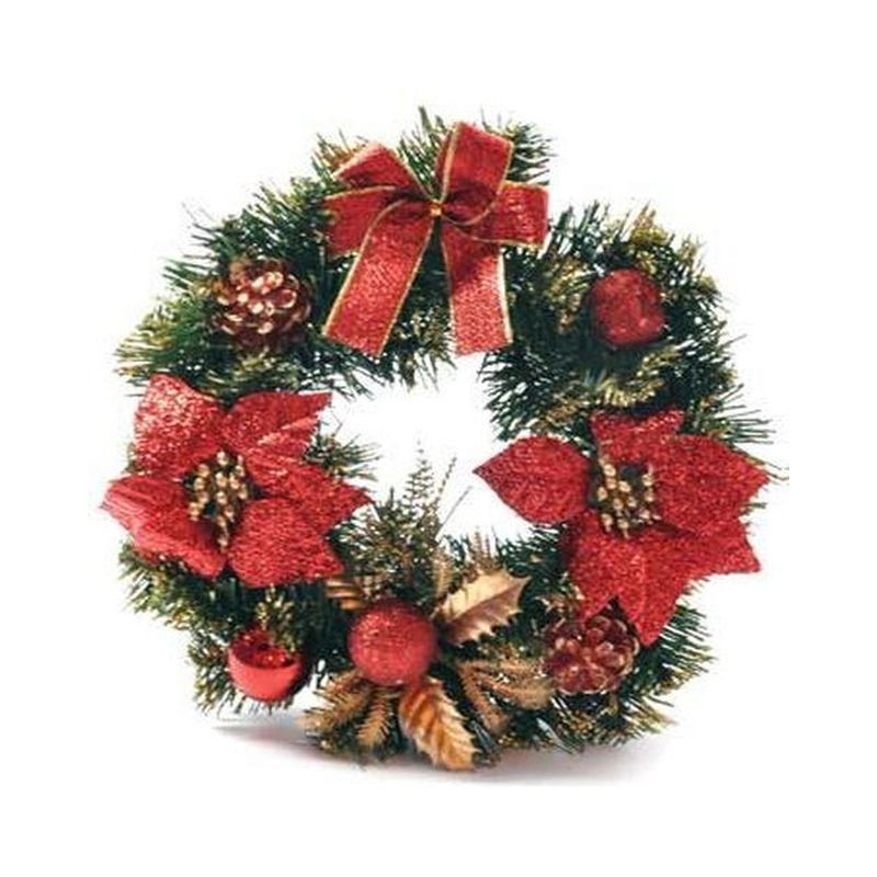 CORONA VERDE C/POINSETTIA ROSSA FIOCCHI PACCHETTI ROSSO/ORO D. 40 CM EAN 8026196562810 INGROSSO OGGETTISTICA NATALIZIA