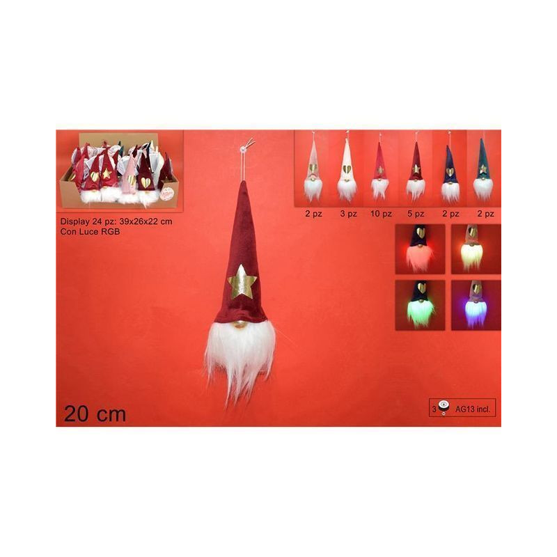 GNOMO DI NATALE C/CAPP.VELL.LUCE BATT. 2 0CM 6 COL.DISP.RDTD-L007 ASS.COL