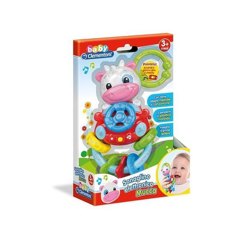 SONAGLINO ELETTRONICO MUCCA 15X22X6CM PLASTICA MORBIDA-3 PENDENTI- +3MESI EAN 8005125171538 INGROSSO BABY CLEMENTONI