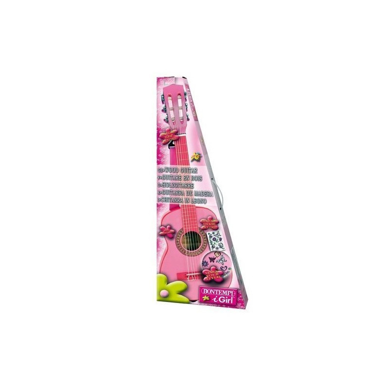 CHITARRA CLASSICA LEGNO 75CM ROSA C TRAC E STICKERS-6 CORDE-PLETTRO-5+ANNI