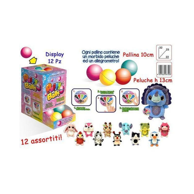 PUPPY BALLS C/PELUCHE E ALLEGROMETR0 12 PALLINA 10CM - PELUCHE 13CM - 12ASS.TI EAN 8007632267506 INGROSSO GIOCHI DA EDICOLA