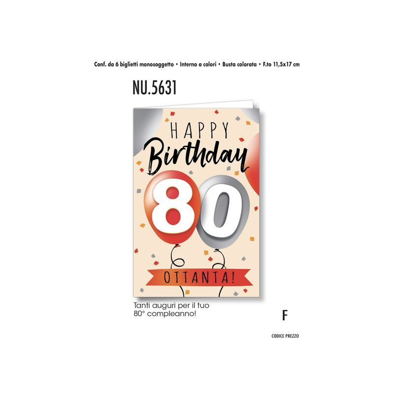 BIGLIETTI COMPLEANNO ANNO 80 NU.5631 C.6 EAN 8001608356317 INGROSSO BIGLIETTI COMPLEANNO