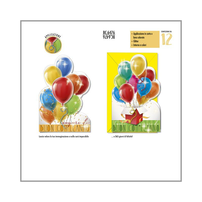 BIGLIETTI PALLONCINI COL. BC.6476 C.12 EAN 8001608364763 INGROSSO BIGLIETTI COMPLEANNO