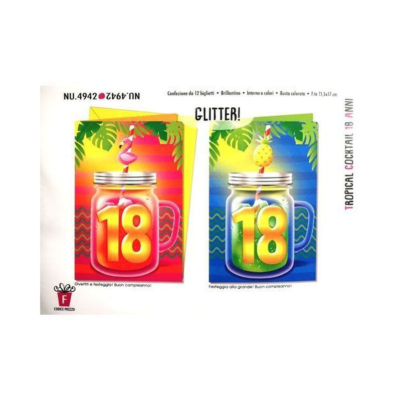 BIGLIETTI TROPICAL COCKTAIL 18 ANNI C.12 EAN 8001608349425 INGROSSO BIGLIETTI COMPLEANNO