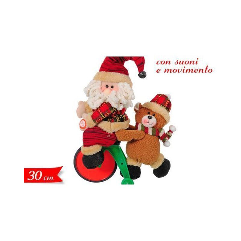 BABBO NATALE SU BICI C/MOVIMENTO E SUONO EAN 8055329002336 INGROSSO PUPAZZI E GNOMI NATALIZI