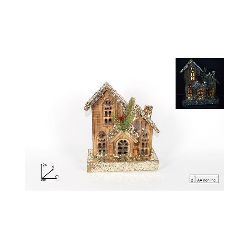 CASETTA LEGNO C/LUCI B/O 24CM TETTO GLIT EAN 8033113662379 INGROSSO OGGETTISTICA NATALIZIA