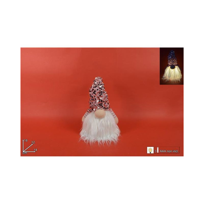 GNOMO SEDUTO C/CAPP.PAILL.ROSA 18CM C/LU EAN 8053482047003 INGROSSO PUPAZZI E GNOMI NATALIZI
