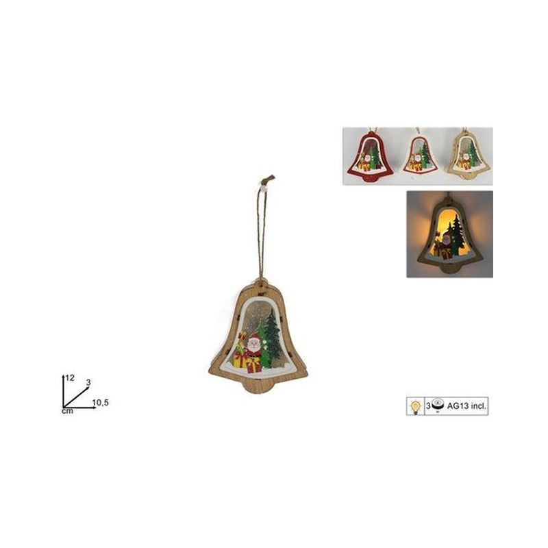 CAMPANA LEGNO APPENDINO C/LUCE 12CM 3COL EAN 8033113967030 INGROSSO OGGETTISTICA NATALIZIA