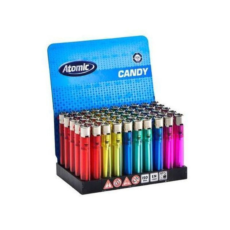 ACCENDINO ATOMIC TRASPARENTE ROTELLA 50 CANDY SOFTFLAME RICARICABILE ASSORTITO EAN 4014663281252 INGROSSO ACCENDINI