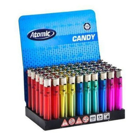 ACCENDINO ATOMIC TRASPARENTE ROTELLA 50 CANDY SOFTFLAME RICARICABILE ASSORTITO EAN 4014663281252 INGROSSO ACCENDINI