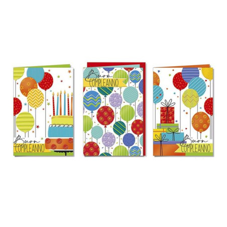 BIGLIETTO COMPLEANNO PALLONCINI BC.7334 EAN 8001608373345 INGROSSO BIGLIETTI COMPLEANNO