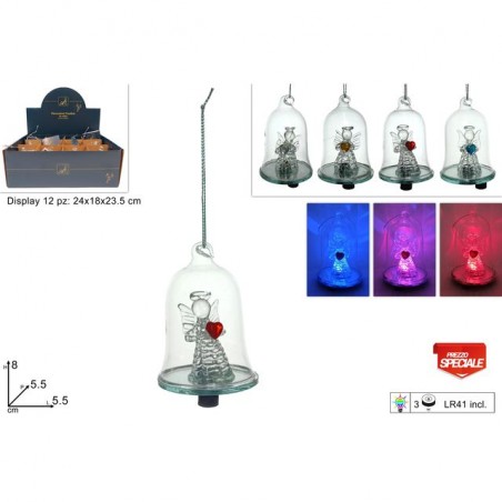 CAMPANA CON ANGELO VETRO CON LUCE IN DIS EAN 8033113546075 INGROSSO APPENDINI NATALIZI