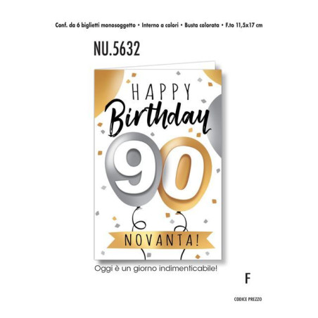 BIGLIETTI COMPLEANNO ANNO 90 NU.5632 C.6 EAN 8001608356324 INGROSSO BIGLIETTI COMPLEANNO