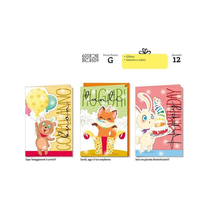 BIGLIETTO COMPLEANNO ANIMALETTI BC.8109 EAN 8001608381098 INGROSSO BIGLIETTI COMPLEANNO