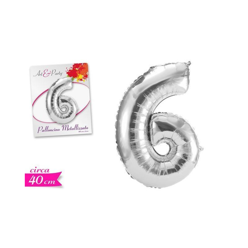PALLONCINO NUMERO 6 40CM ARGENTO EAN 8055329186920 INGROSSO PALLONCINI COMPLEANNO