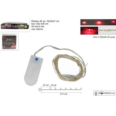 INGROSSO ARTICOLI DI NATALE FILO 40MICRO LED ROSSO BATT. C/3GIOCHI 8053482094496 ARTICOLI NATALIZI LUCI NATALIZIE