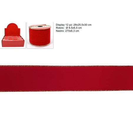 NASTRO 6.3X270CM IN VELLUTO ROSSO/B.ORO EAN 8053482008240 INGROSSO NASTRI NATALIZI PER ADDOBBO