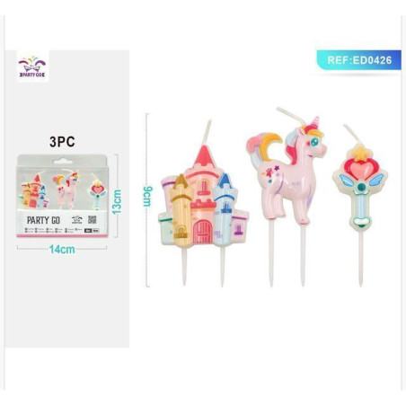 CANDELINA FORMA UNICORNO/CASTELLO 8CM 3P EAN 8058617585269 INGROSSO CANDELE COMPLEANNO