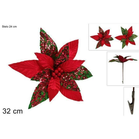 INGROSSO ARTICOLI DI NATALE FIORE C/PINZETTA 32CM ROSSO/VERDE VELL 8053482362175 DECORAZIONI NATALIZIE FIORI FINTI NATALIZI
