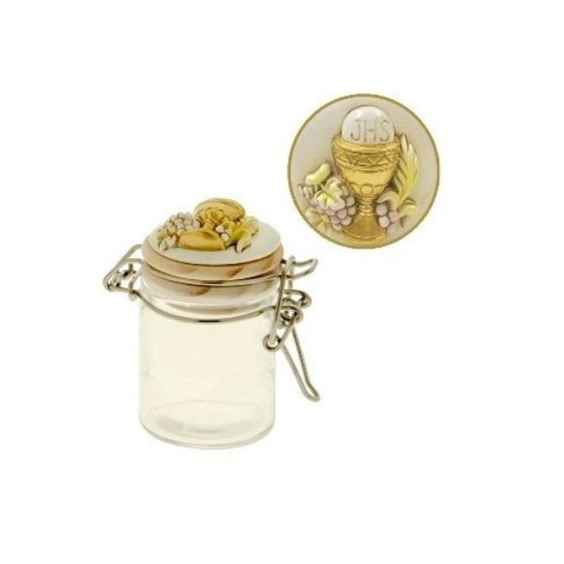 BARATTOLO COMUNIONE VETRO TAPPO RESINA H EAN 80008514 INGROSSO NASTRI E CONTENITORI PER BOMBONIERE