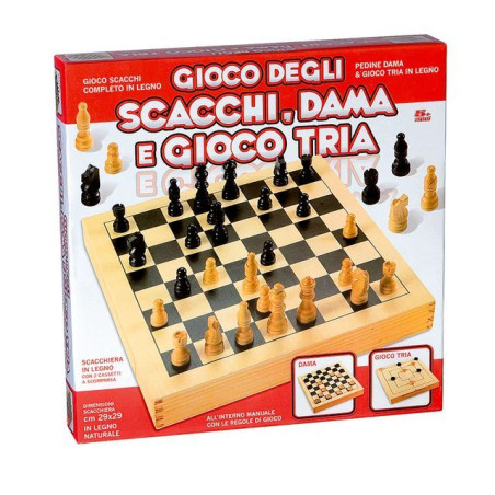 GIOCO SCACCHI DAMA TRIS 29X29 LEGNO EAN 8004817082237 INGROSSO SCACCHI DAMA