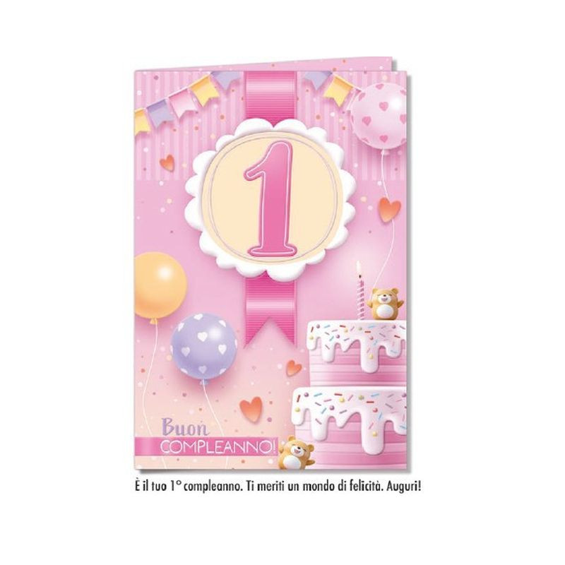 BIGLIETTO COMPLEANNO 1 ANNO ROSA (6) EAN 8052231300574 INGROSSO BIGLIETTI COMPLEANNO