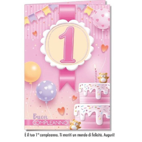 BIGLIETTO COMPLEANNO 1 ANNO ROSA (6) EAN 8052231300574 INGROSSO BIGLIETTI COMPLEANNO